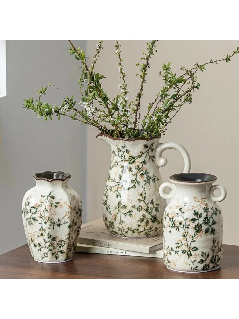 Vintage Green Ceramic Flower Vase Set for Home Decor - 3 Sizes (6, 6, 7 Inch)